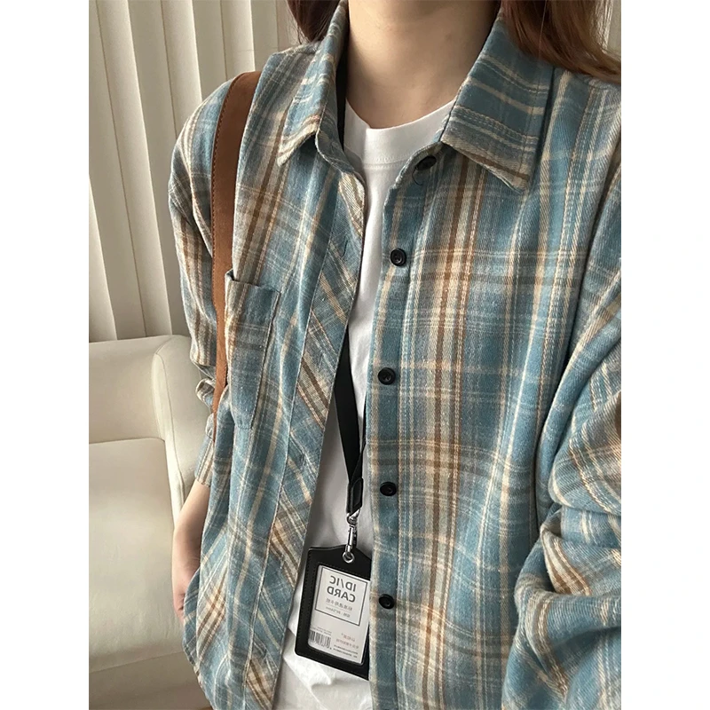 蓝色格纹衬衫男女同款复古美式格子衬衣秋季显白长袖外套oversize