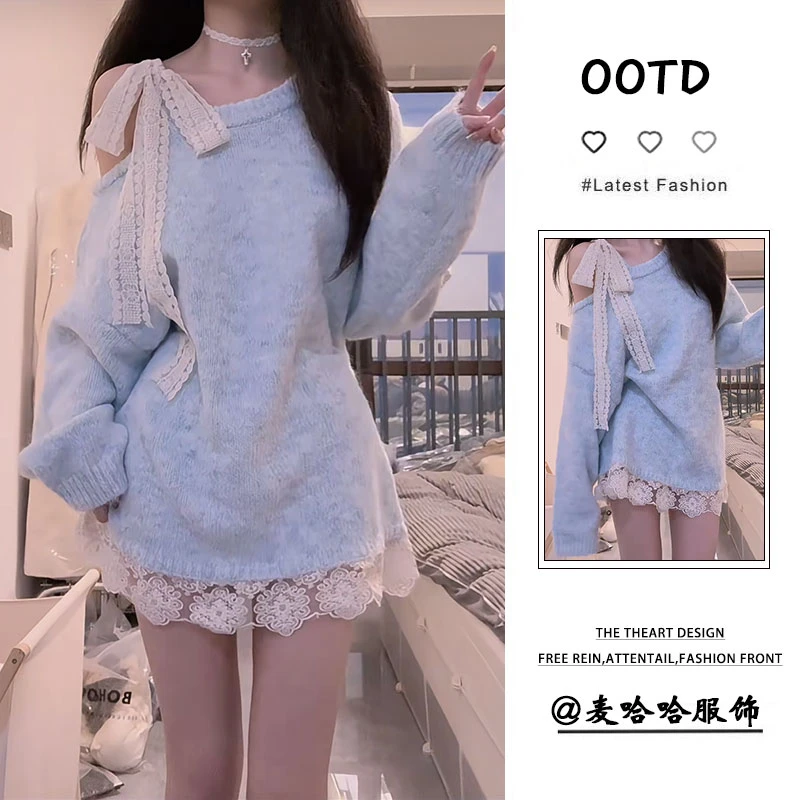 女装秋冬季甜美蝴蝶结蕾丝斜肩毛衣宽松温柔慵懒风气质针织衫上衣