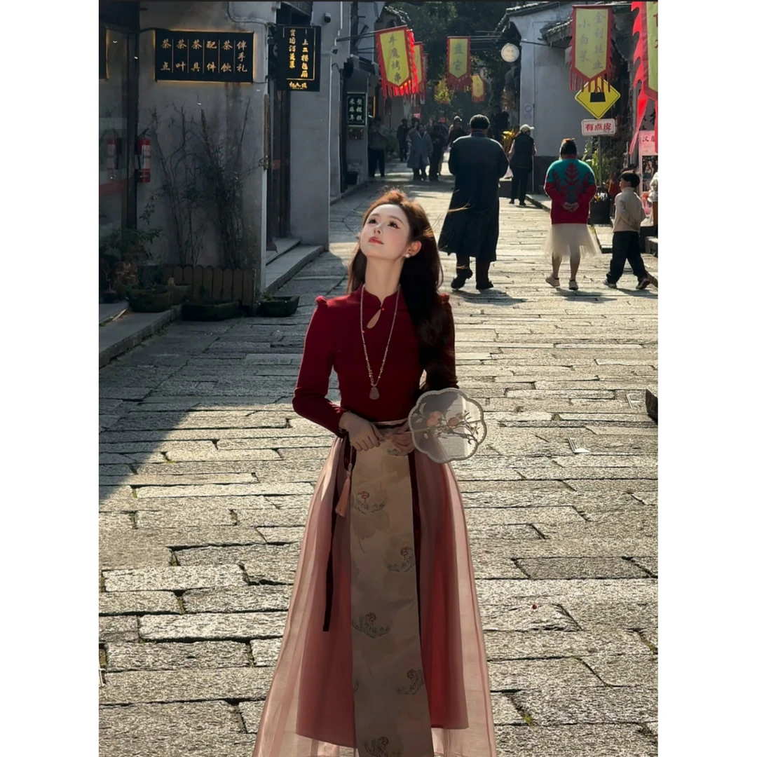 【红烛】<77>新中式改良纱裙马面裙+针织上衣显瘦XMZH6218