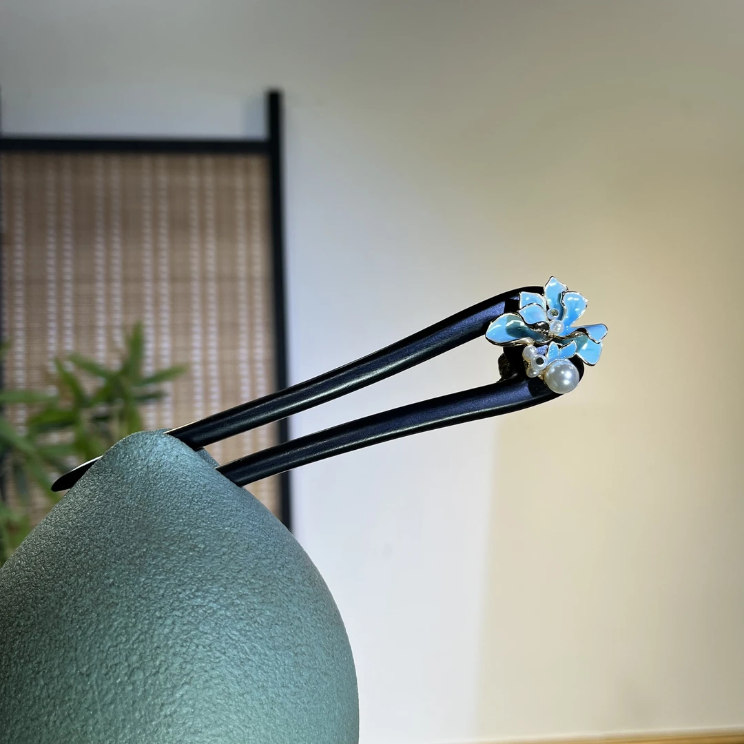 天然黑檀发簪13cm【云语】高级蓝色小花简约日常百搭木发簪