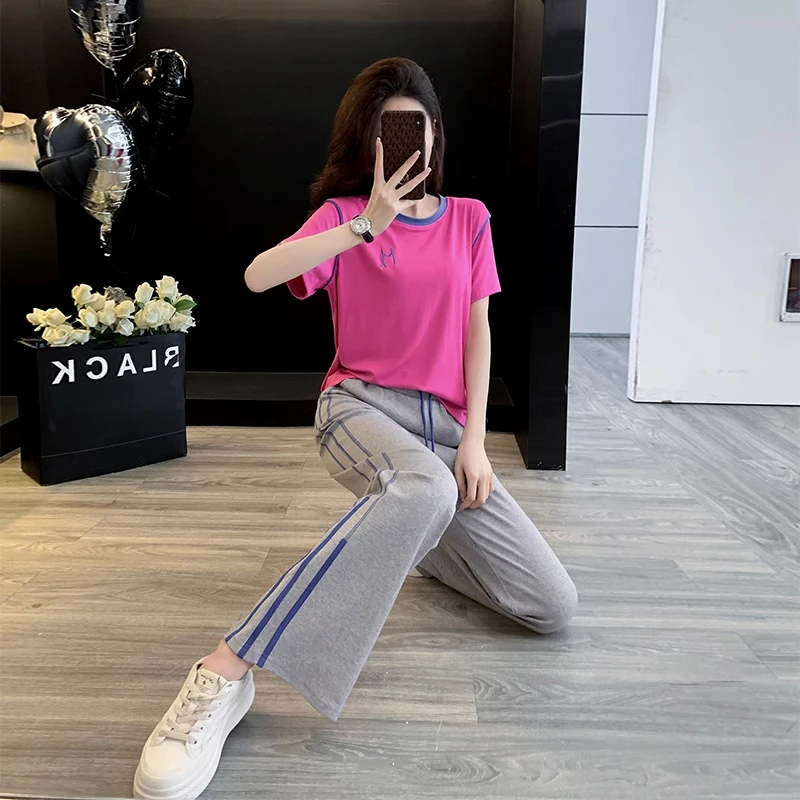 欧货漂亮休闲运动套装女夏季洋气减龄显瘦短袖阔腿裤薄款两件套潮