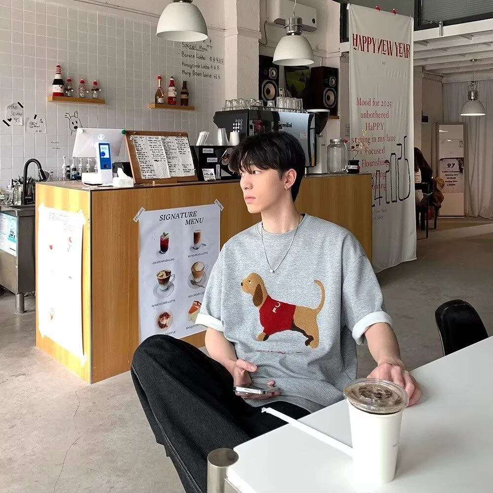 韩系腊肠狗毛巾绣圆领短袖T恤男女同款夏季潮流宽松情侣上衣半袖