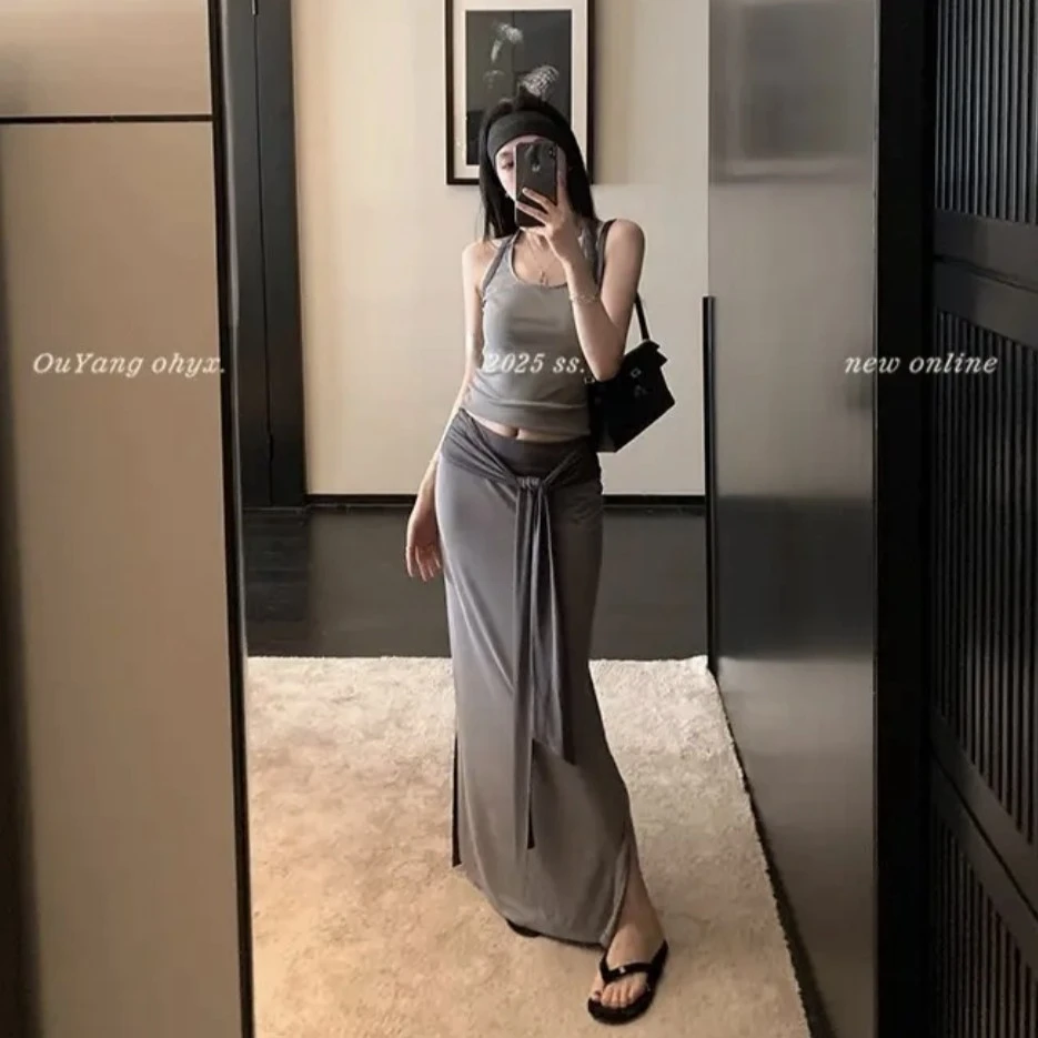 欧阳假两件绑带针织半身裙女春季高腰显瘦中长款开叉包臀裙子