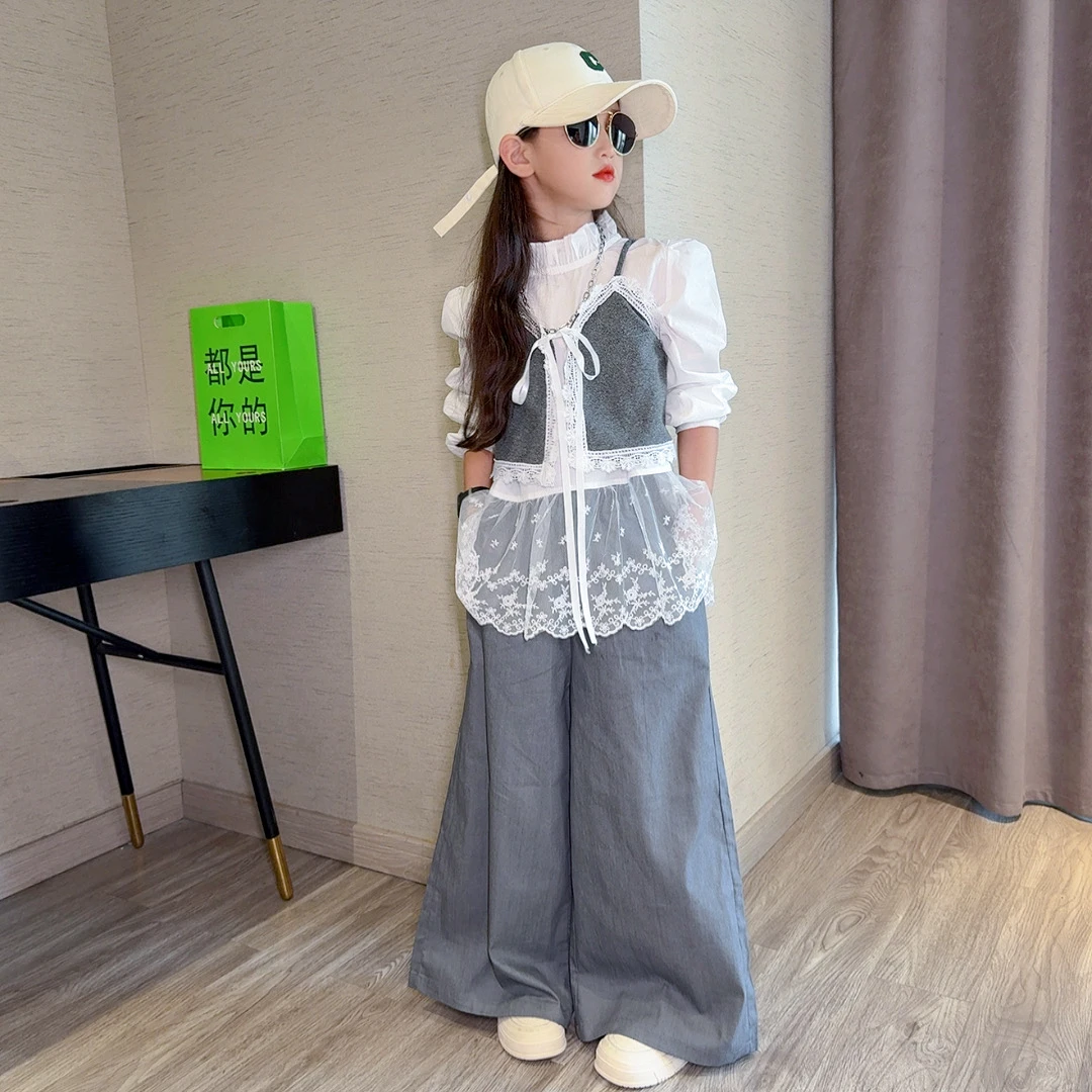 女童套装2025新款韩系春秋大童洋气甜美马甲蕾丝衬衫西装裤三件套