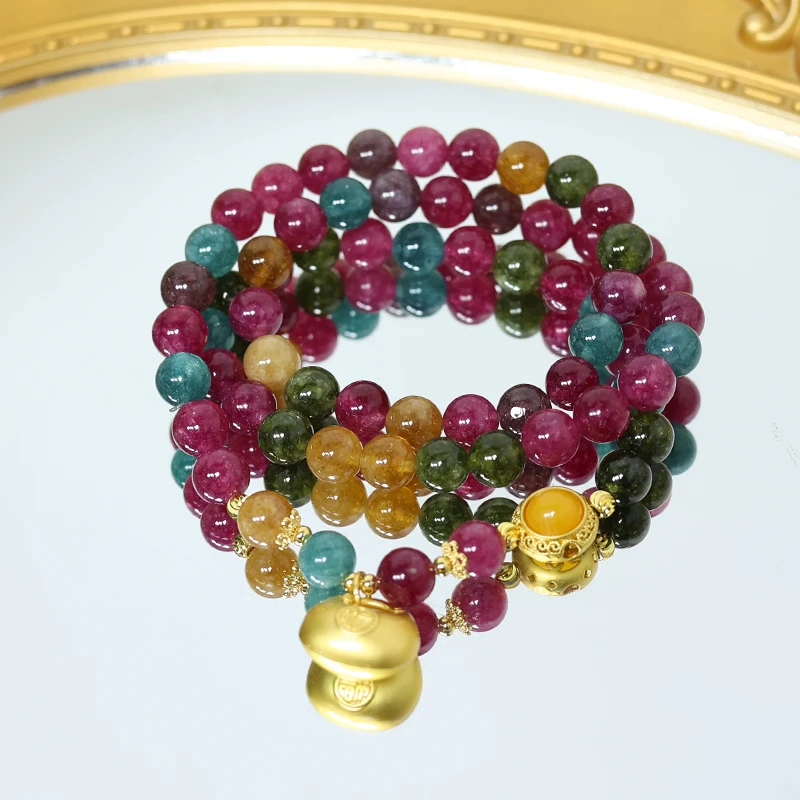 8MM天然碧玺三圈钱袋手链 多样性发一 H2958