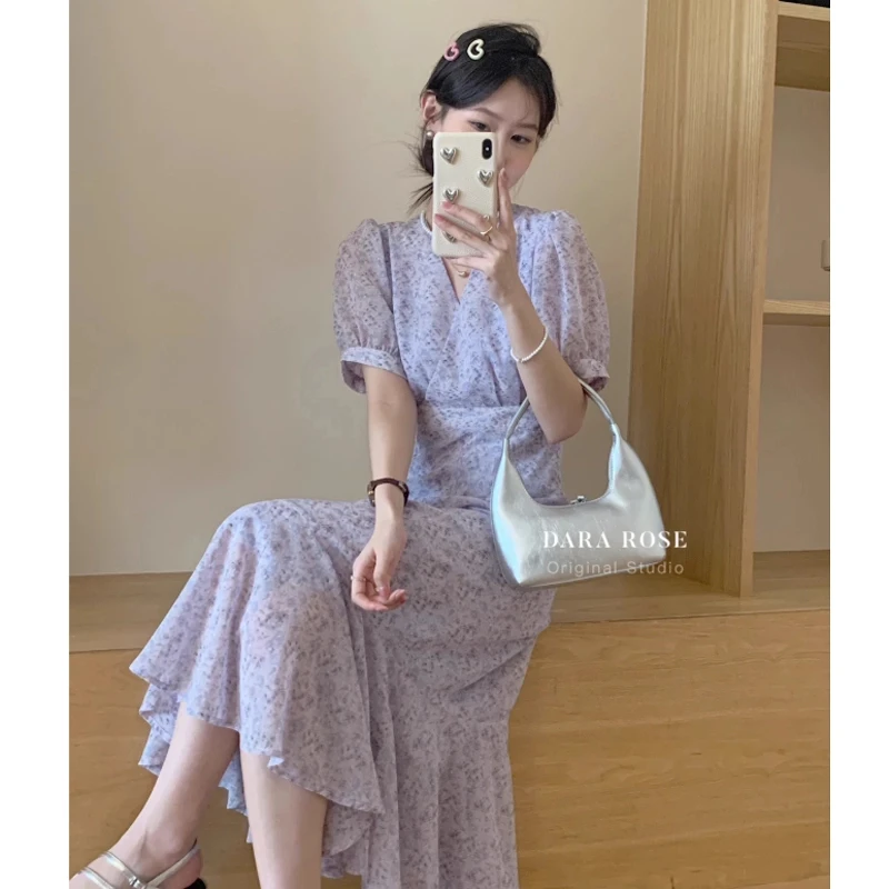 【现货+运费险】浅紫色梦幻唯美蓝紫色碎花气质显瘦收腰连衣裙女