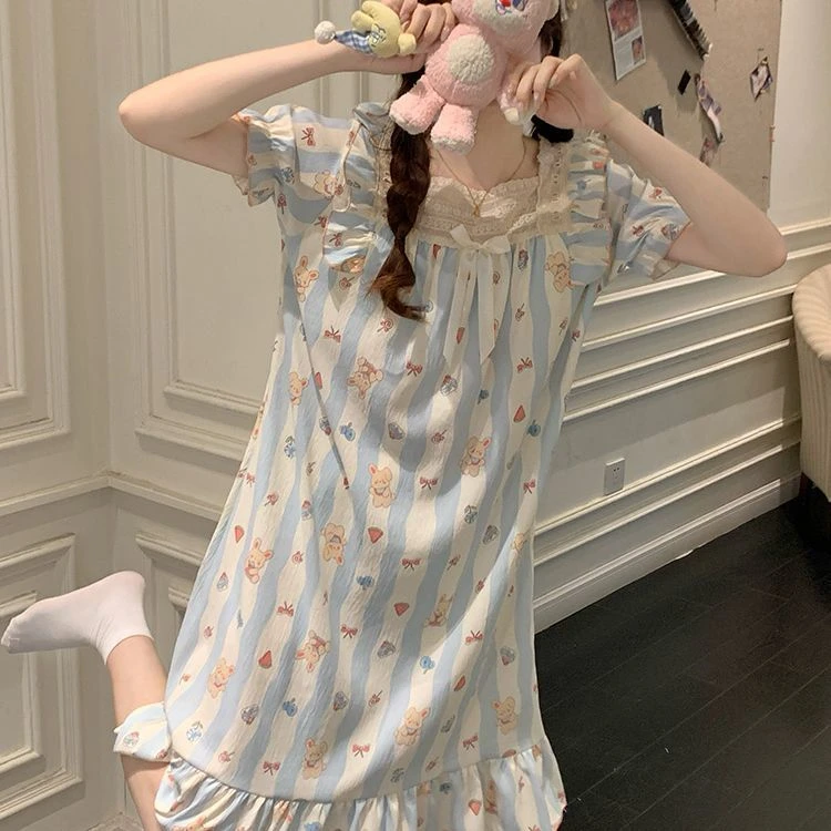 2025蕾丝薄款带胸垫长款睡裙女款夏季短袖睡衣甜美公主风家居服