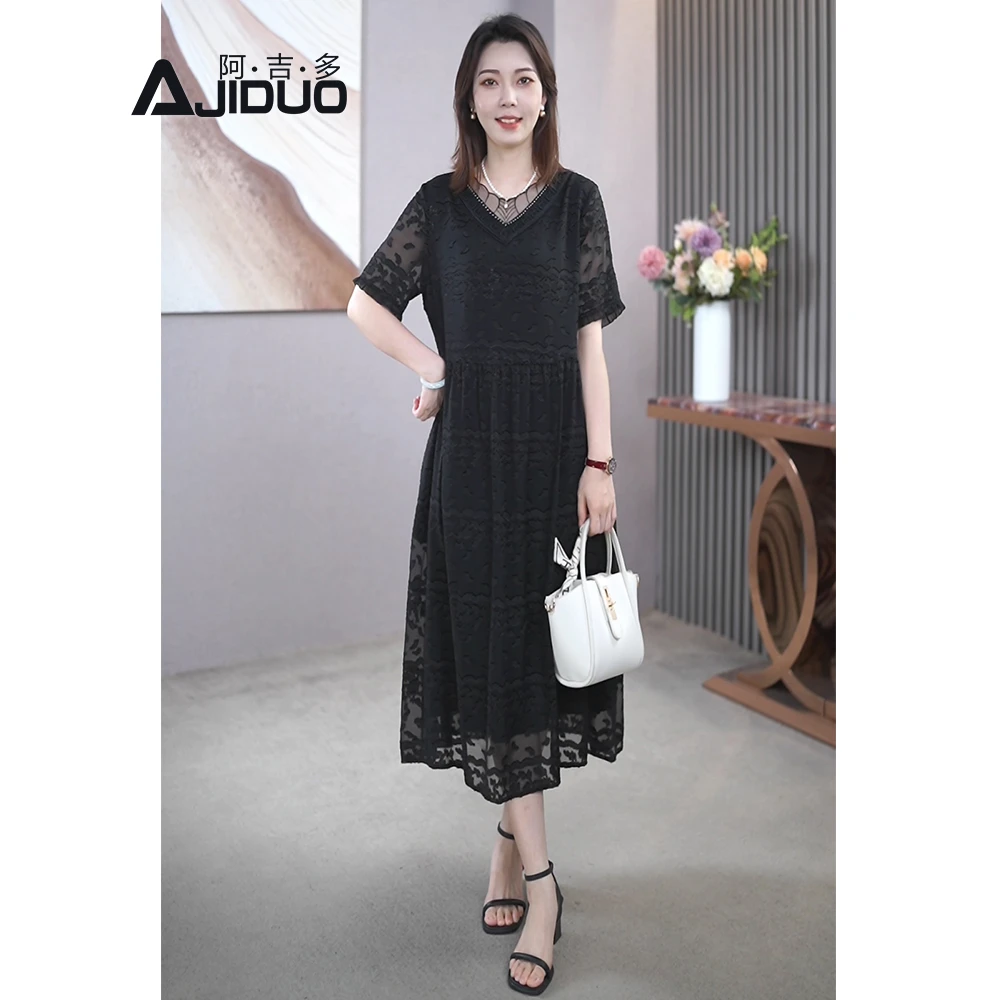 A22052黑色桑蚕丝连衣裙女2025夏季新款气质v领宽松显瘦真丝裙子