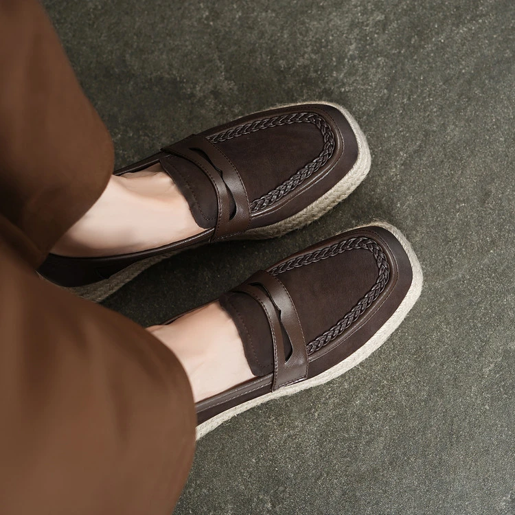 2025夏季新款真皮乐福鞋复古老钱风豆豆鞋女士 休闲皮鞋编织