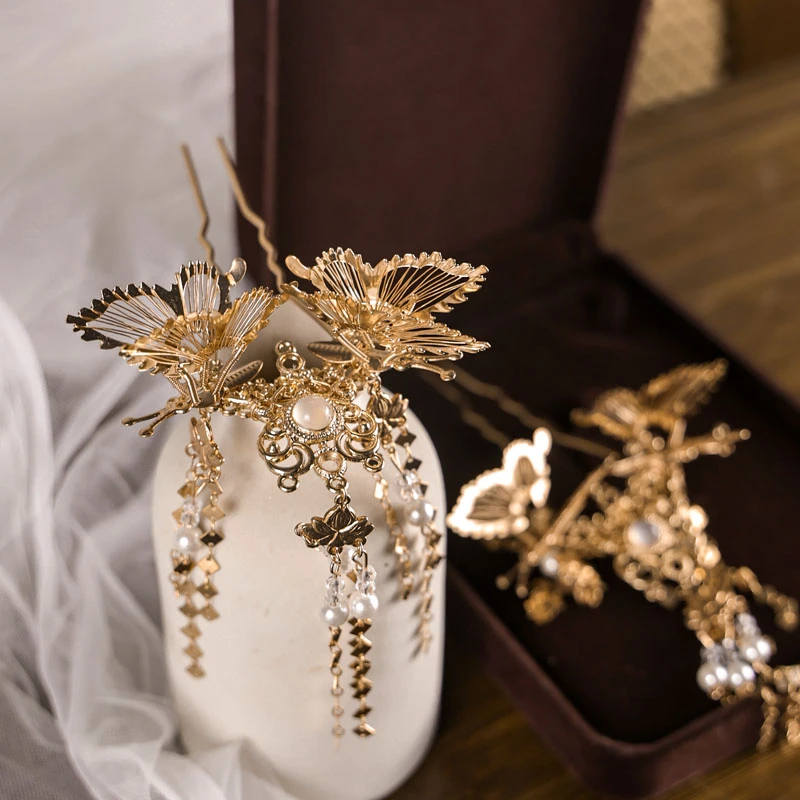 耀如春华 鎏金蝴蝶发钗 原创纯手工唐制明制配饰国风古风汉服