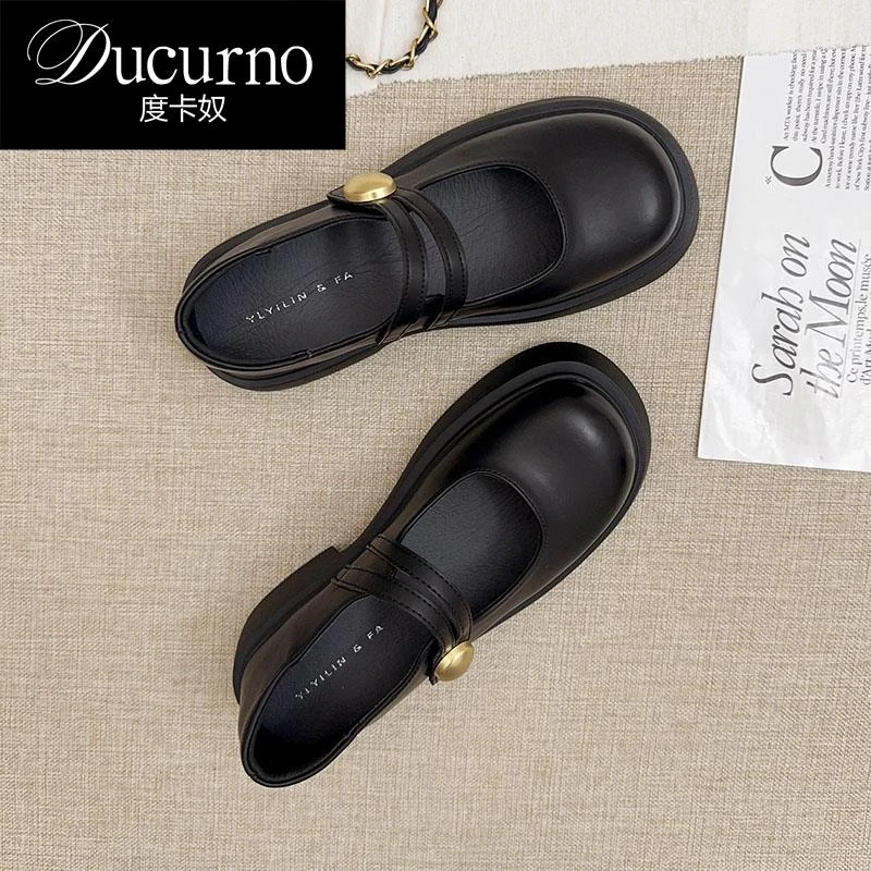 DUCURNO 真皮厚底玛丽简女鞋2025春季新英伦风格魔术贴单腿小皮鞋