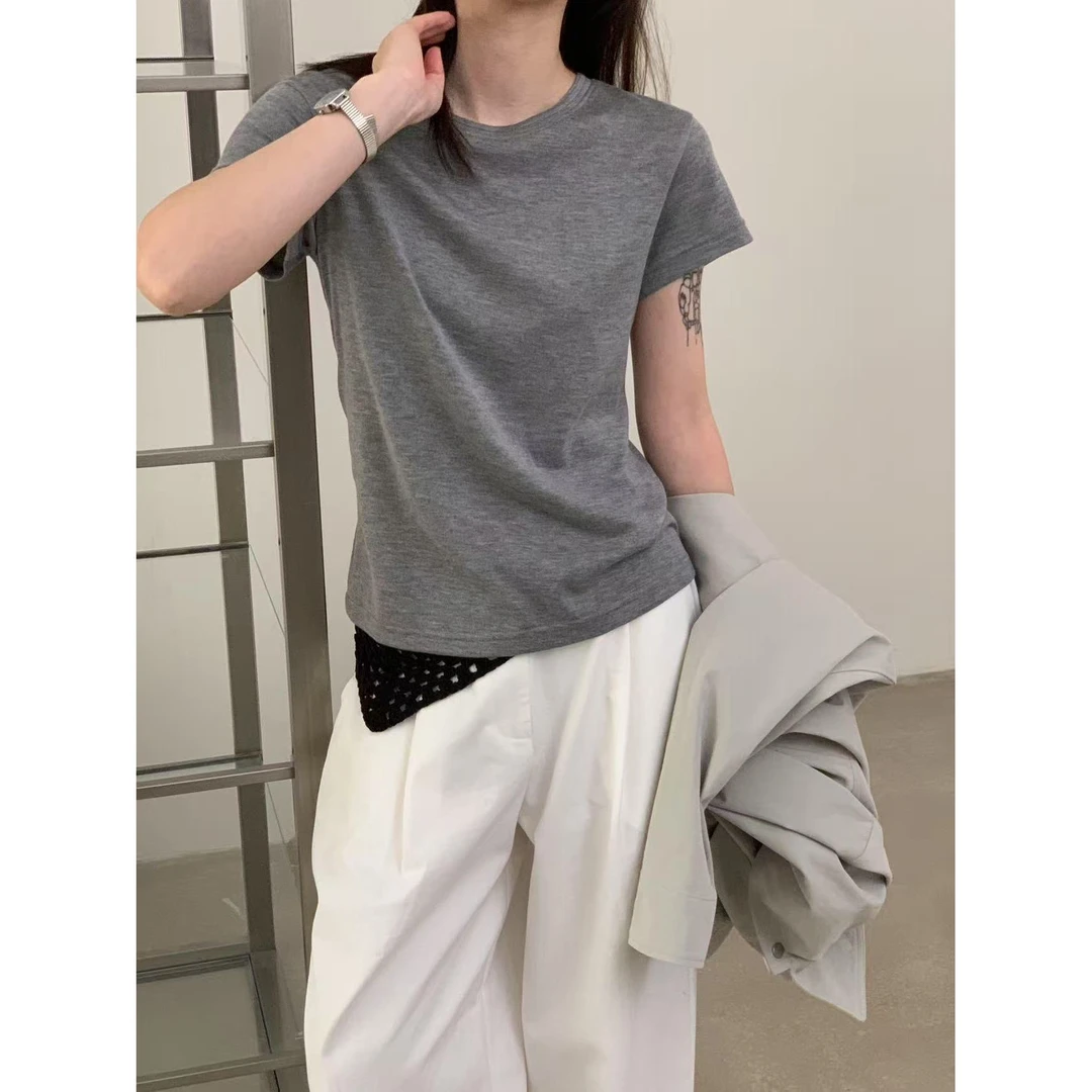 L-14244#韩系简约纯色圆领修身显瘦短袖T恤（福利）