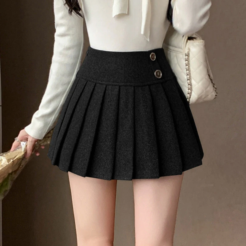 甜酷辣妹半身裙女2025秋新款高腰毛呢小个子显瘦百搭A字百褶短裙