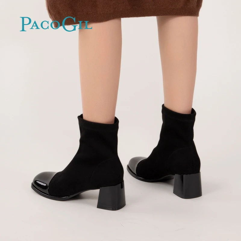 女鞋秋冬时装靴牛皮配织物弹力靴百搭高跟瘦瘦靴XPB52073