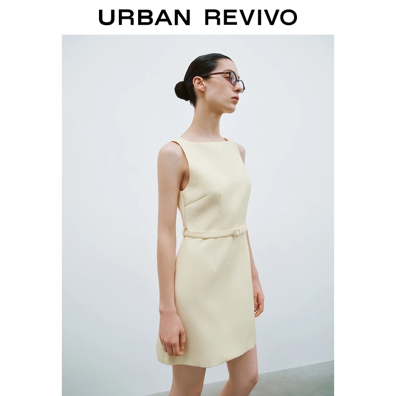 UR2025秋季新款女流光风气质通勤腰带饰无袖连衣裙UWU750003
