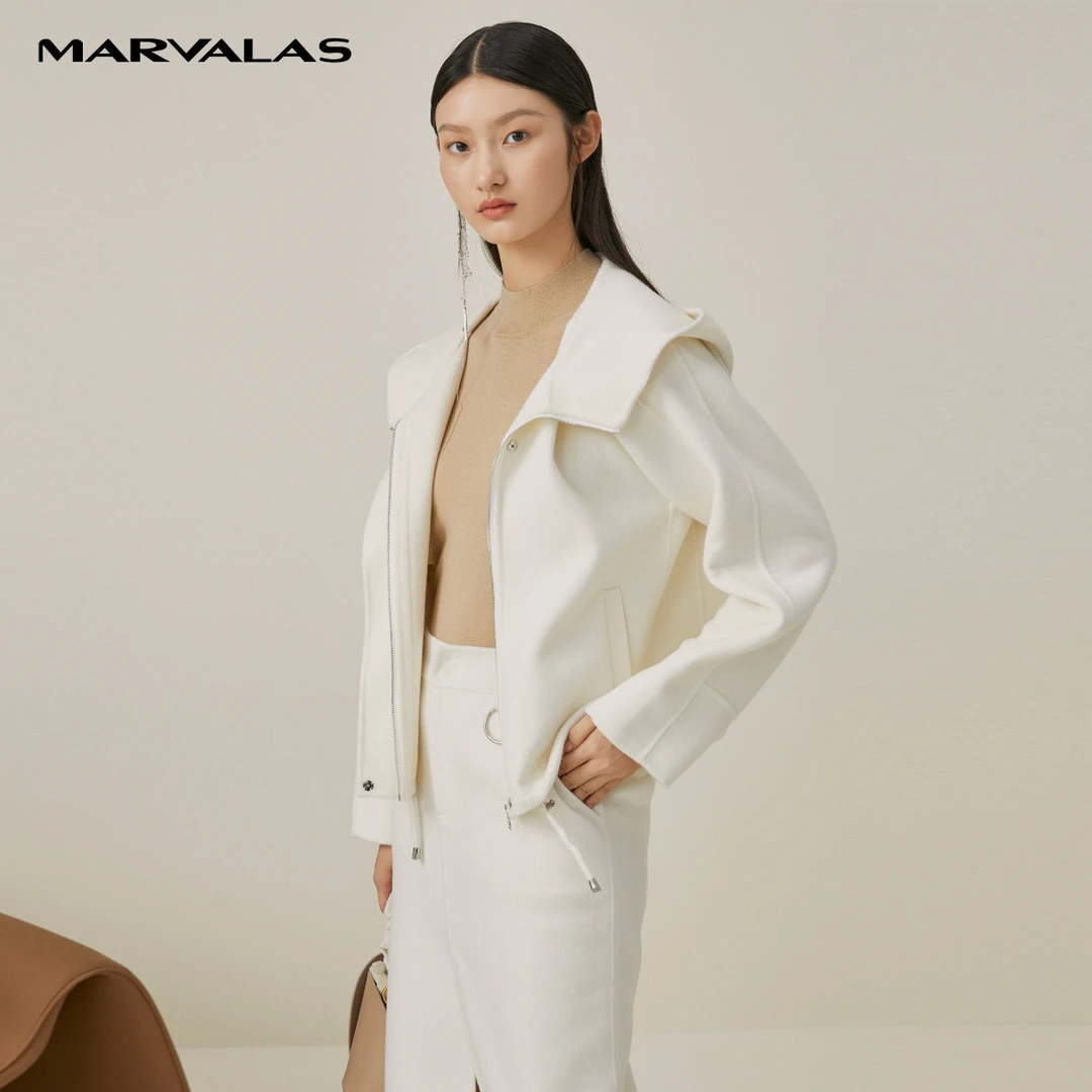 【曼德诗】气质连帽外套简约百搭舒适绵羊毛大衣431399-96550