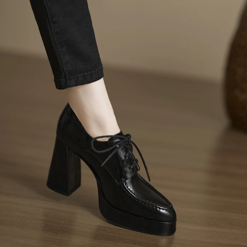 小个子手工女鞋9.5cm~新款牛漆皮深口单鞋黑色小皮鞋防水台高跟鞋