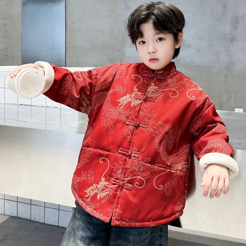 男童冬季国风红色加绒拜年棉服2025新款马年本命年儿童新中式外套