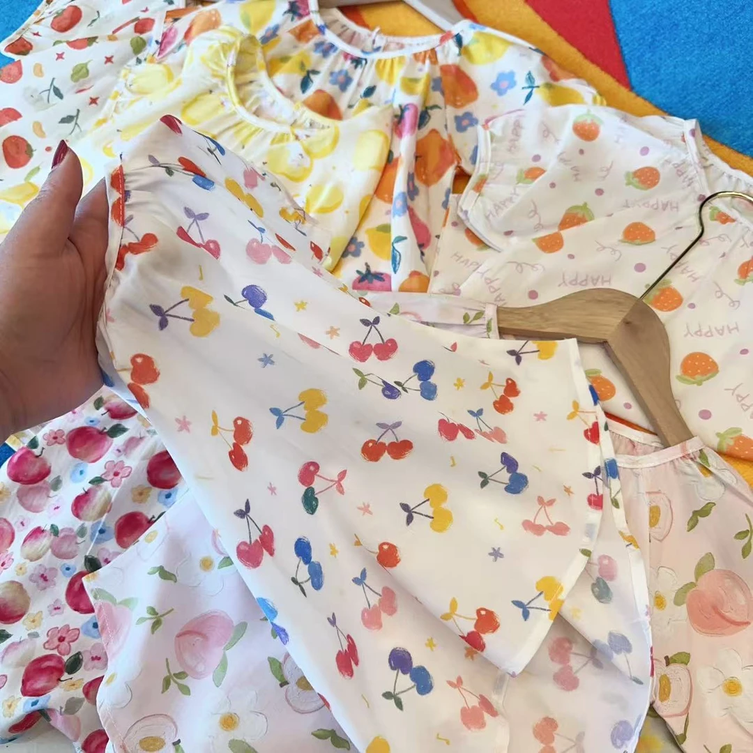 樱桃棉绸亲子短袖套装2025夏季女童可爱短袖长裤套装