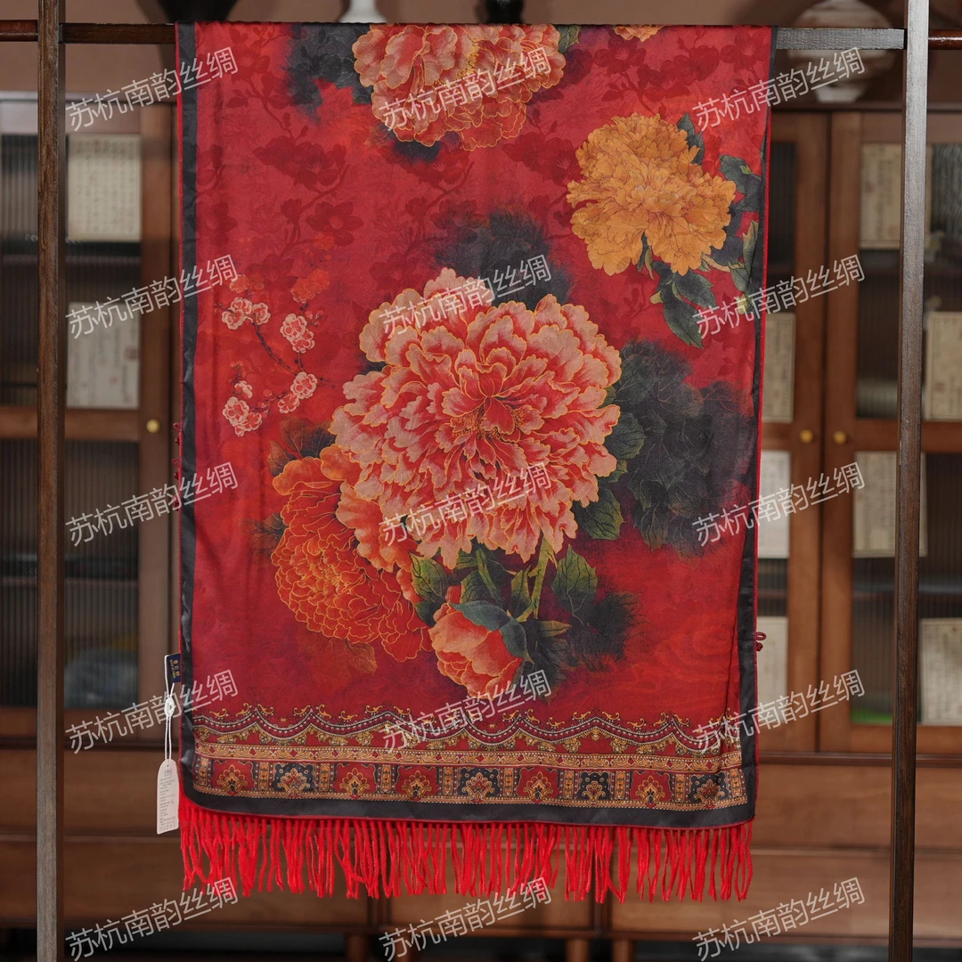 新【F98-99 嫣红牡丹】180*70丝巾加厚气质百搭国风双面时尚中式