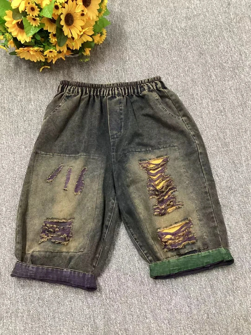 9139潮酷牛仔破洞五分裤