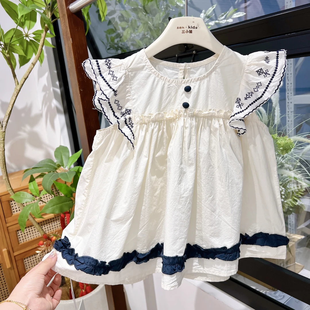 【娃娃衫】91072（杏色）上衣 女童韩版 拼色花边飞飞袖 百搭娃娃衫