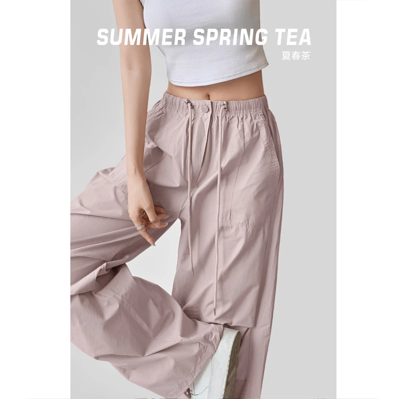 夏春茶美式工装裤女春季薄款降落伞兵裤宽松户外束脚褶皱阔腿裤女