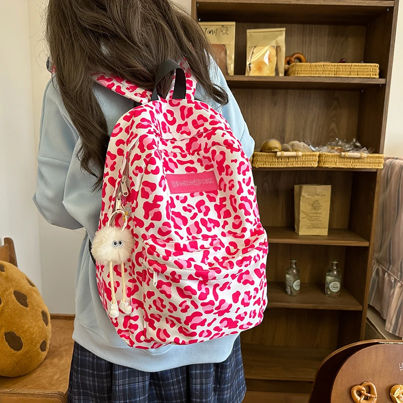 豹纹双肩包女2025年韩版新款大容量小众背包大学生学院书包开学包