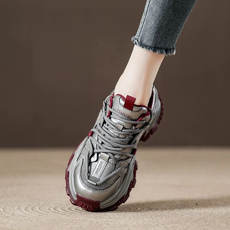 2025新款女鞋厚底增高复古老爹鞋女春秋松糕鞋防水灰色运动鞋水钻