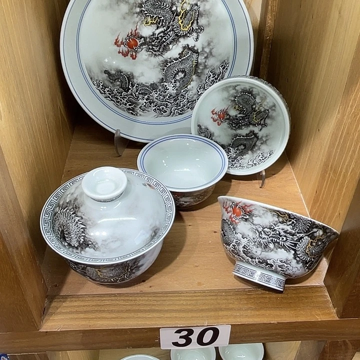 未***，水墨彩墨龙5件套茶具