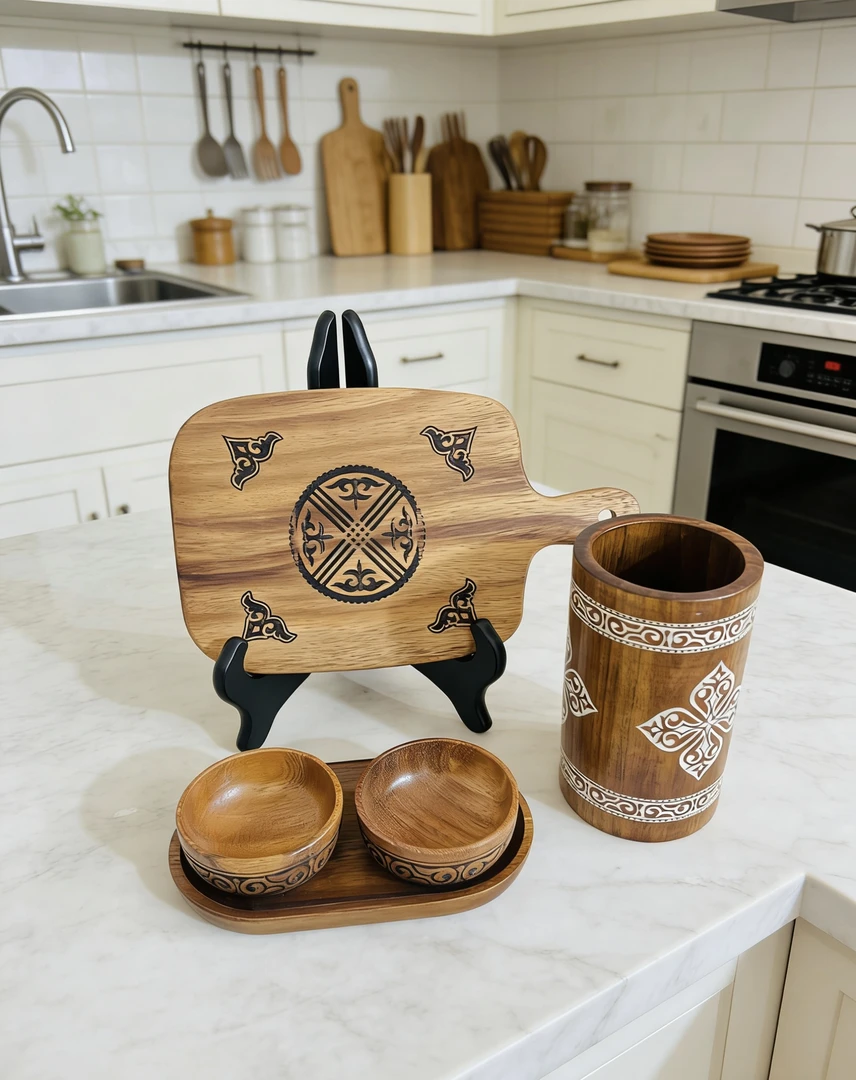 新款民族风实木雕花木质餐具礼盒套装复古筷子筒小菜板果酱碗套装