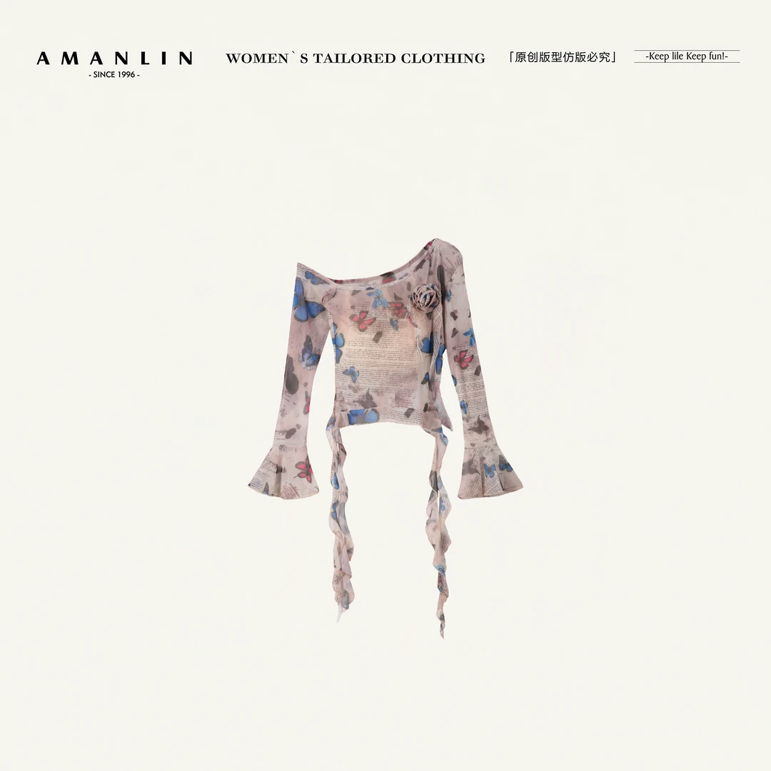 AMANLIN/阿谩琳欧若风v领网纱修身紧身防晒衫上衣女上衣D598519