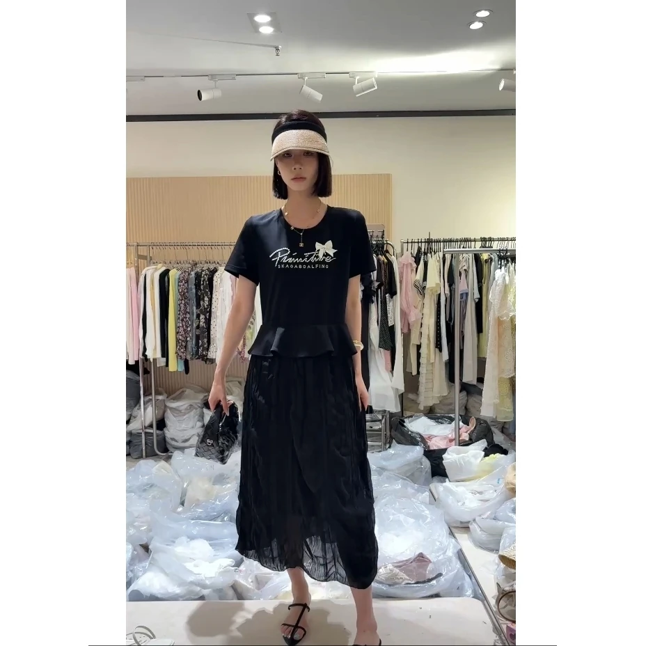 KIKI严选：39819-丽家欧货南油夏圆领短袖拼接纱裙通勤气质连衣裙