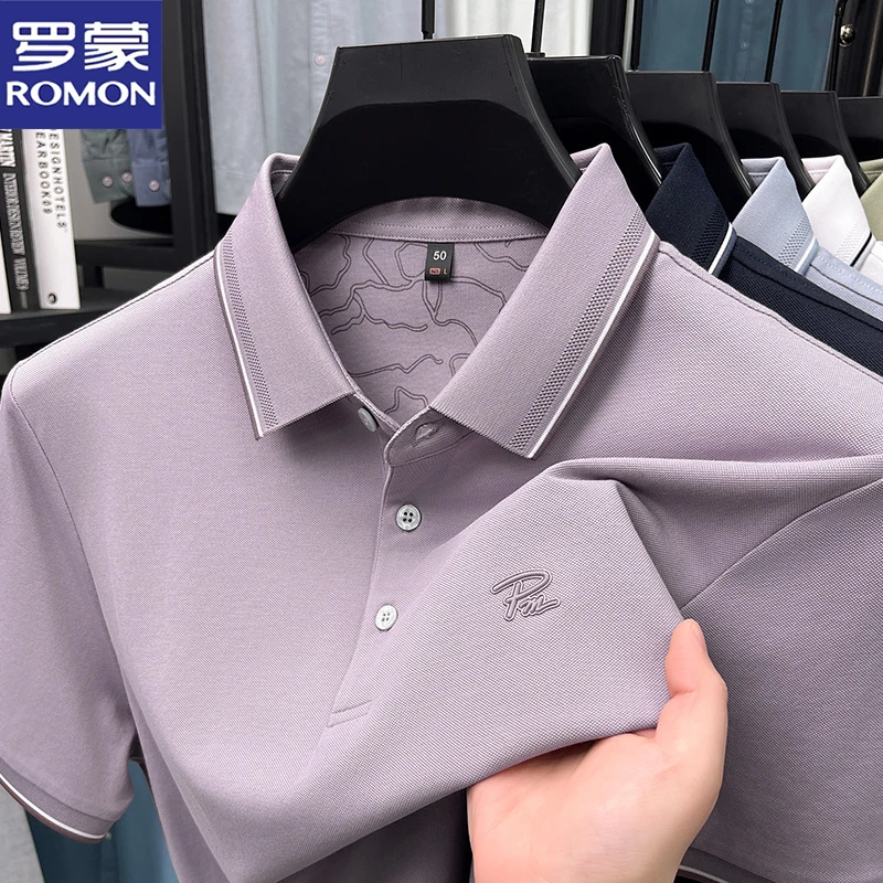 罗蒙夏季薄款男士凉爽百搭纯色T恤宽松透气中年翻领时尚短袖男装