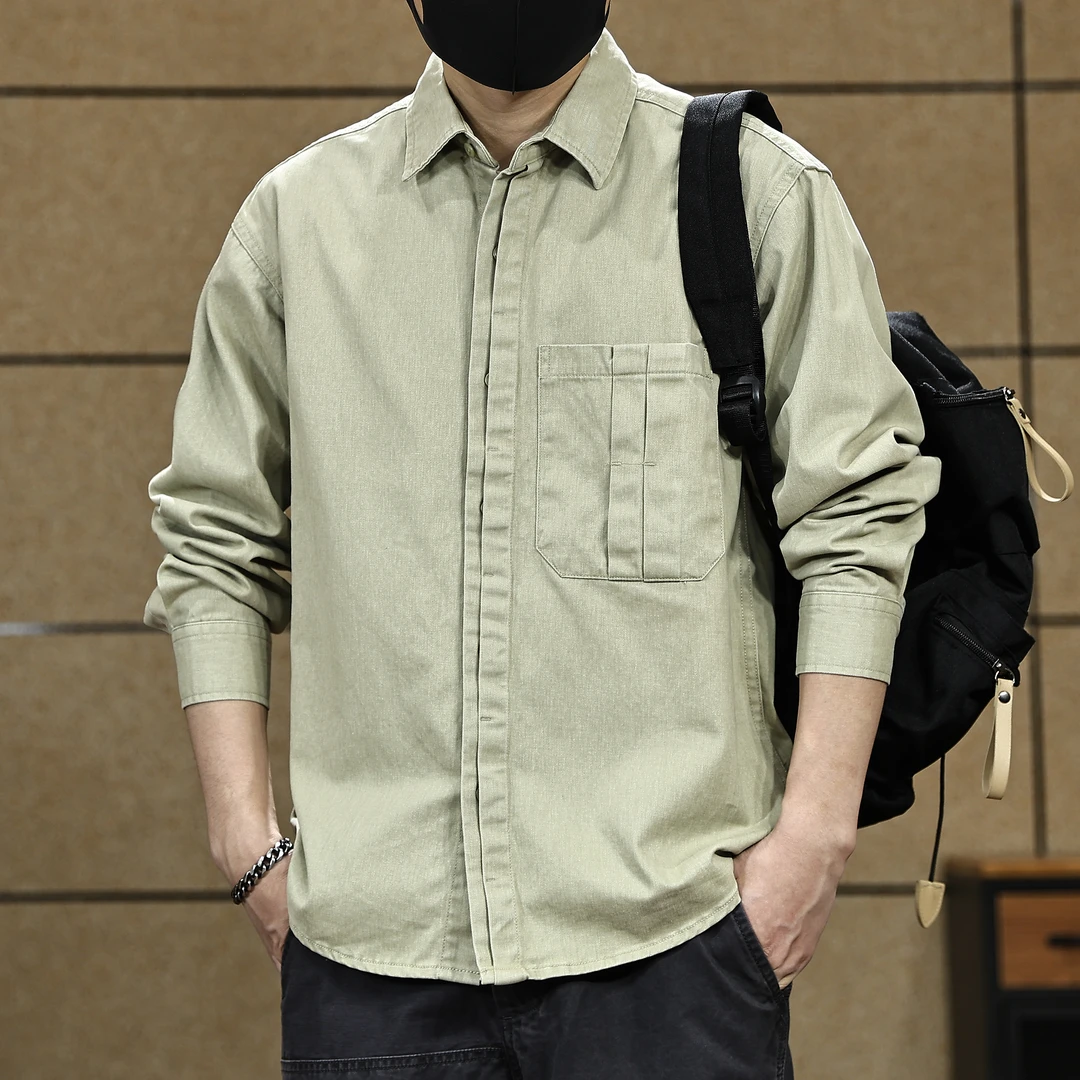 美式男装纯棉休闲衬衫男春秋季潮牌宽松翻领简约衬衣长袖上衣外套