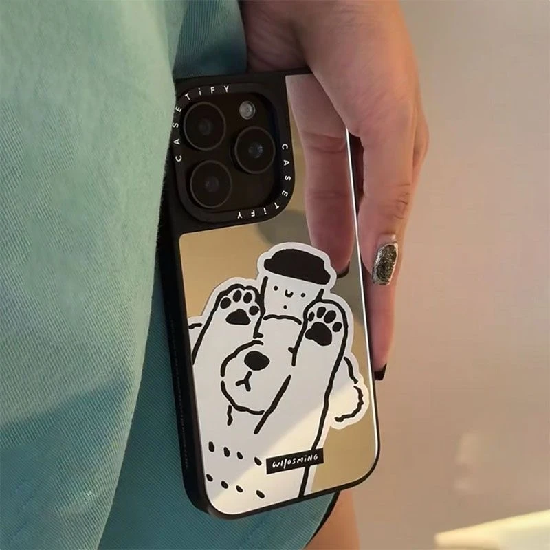 狗狗举咖啡镜面适用苹果16手机壳13镜子保护壳苹果15/14Pro新款12