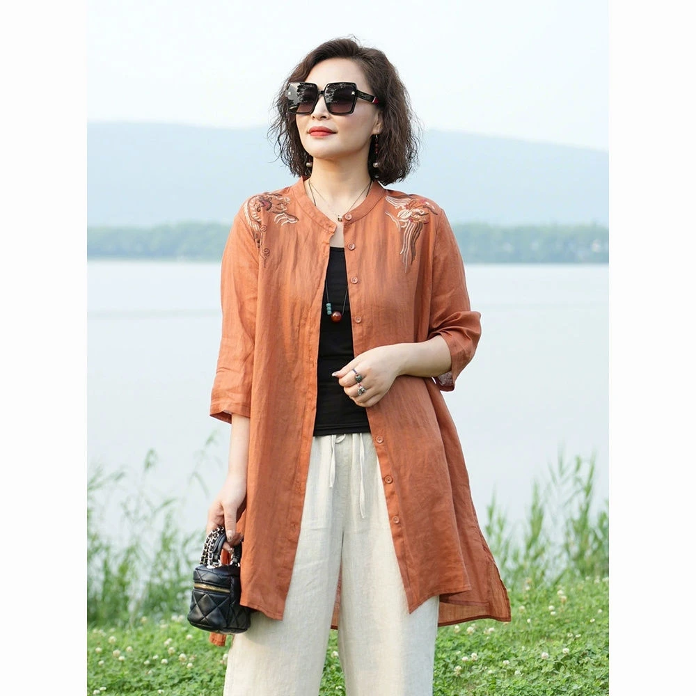 【现货+运费险】棉麻刺绣宽松立领中长款开衫轻薄防晒休闲上衣LG336