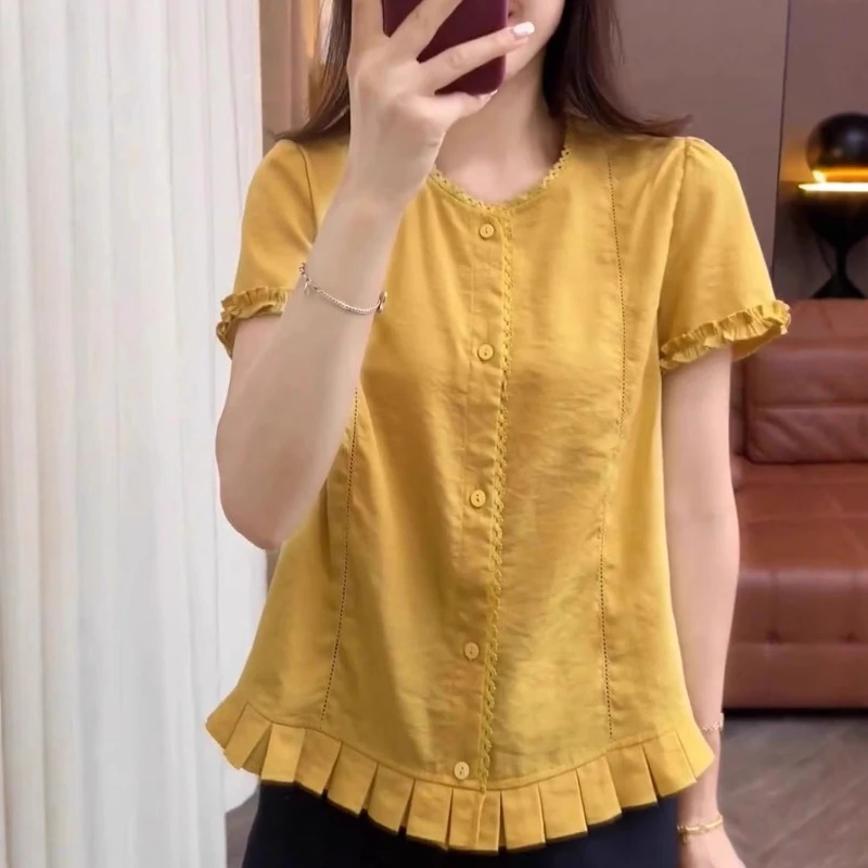 时尚宽松显瘦上衣夏季薄款胖MM大码女装法式甜美下摆花边短袖衬衫