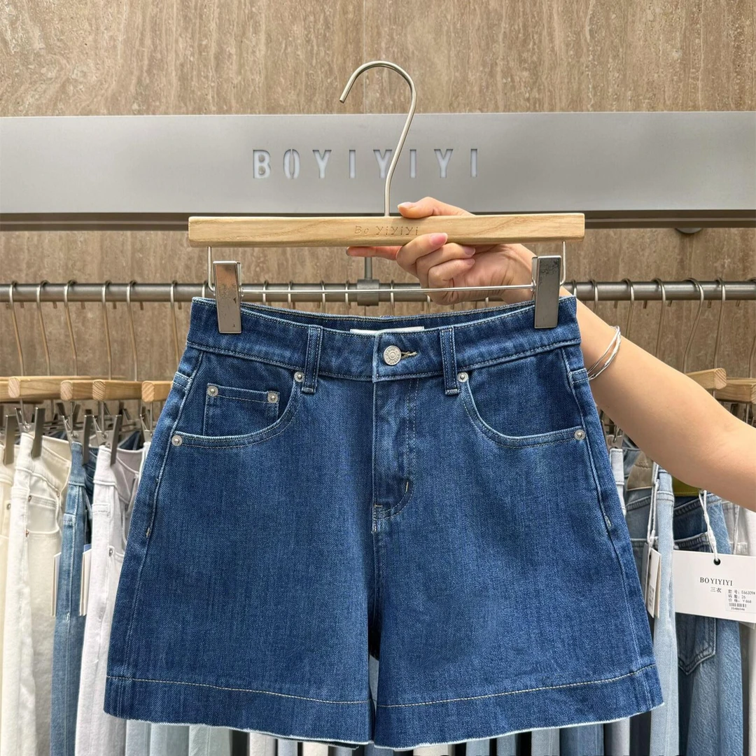 Boyiyiyi牛仔短裤女夏季冰丝薄料深蓝色四分裤弹力百搭E66335