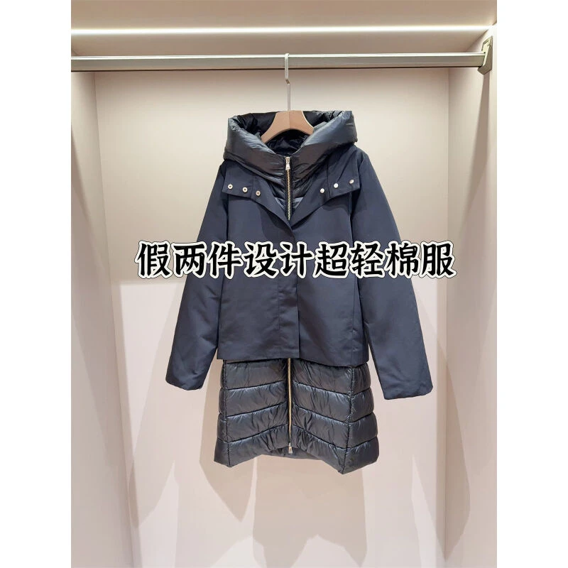 设计师款 假两件设计厚实秋冬中长款连帽棉服外套女