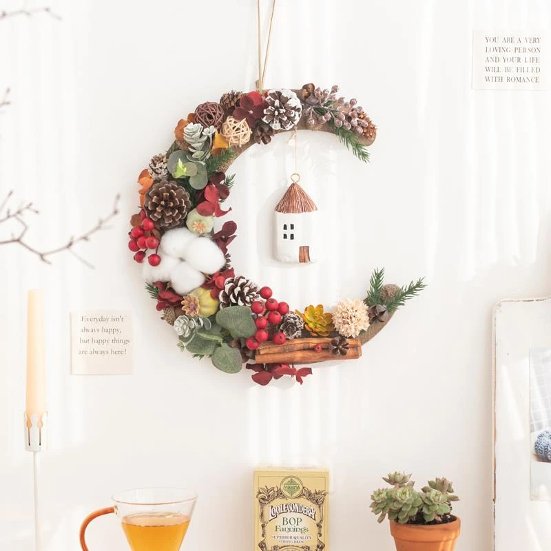 儿童房女卧室入户门干花花环圣诞乔迁轻奢墙面装饰月亮挂件