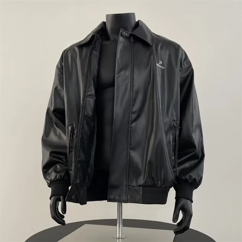 【桃子】皮衣男春季新款pu皮夹克翻领宽松复古机车派克服休闲外套