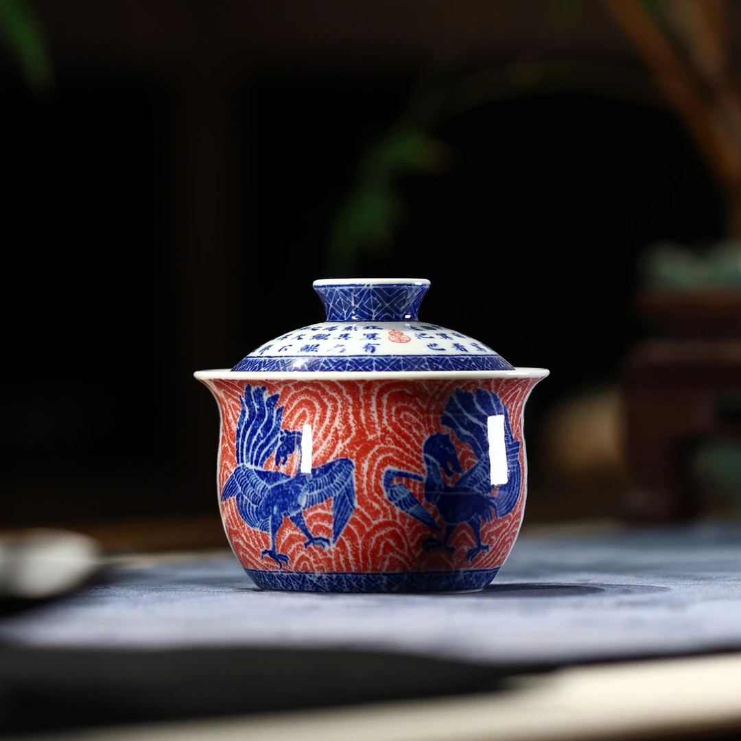 大勋精拓鲲鹏展翅盖碗青花釉下红彩拓片泡茶碗分茶器景德镇茶具