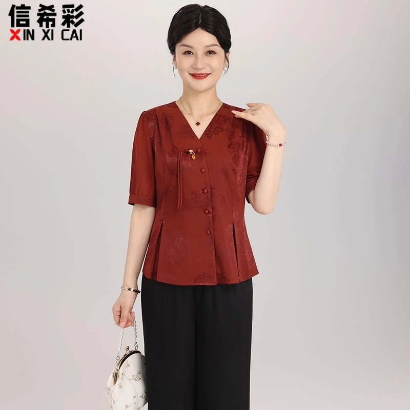 妈妈装夏装国风小衫套装新中式中老年女装复古气质斜襟盘扣两件套