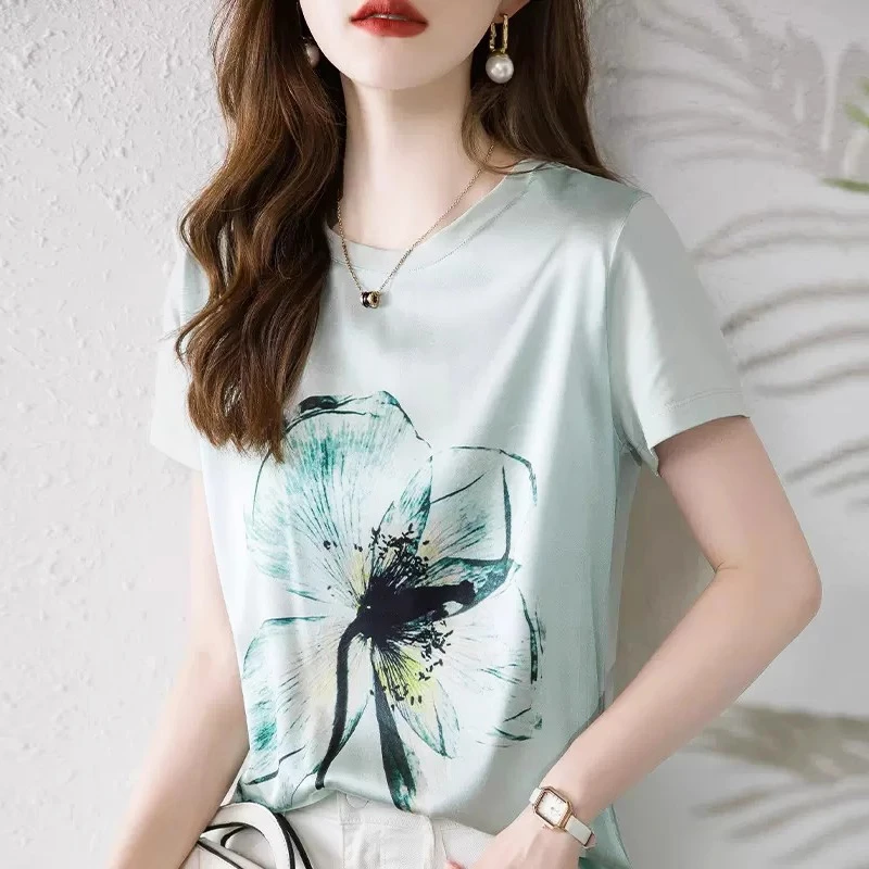 时尚印花真丝上衣女短袖2025夏季新款高端大牌气质桑蚕丝白色T恤