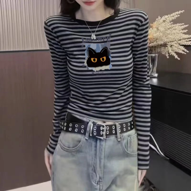 撞色条纹长袖t恤女秋冬韩版修身内搭德绒保暖打底衫洋气减龄上衣