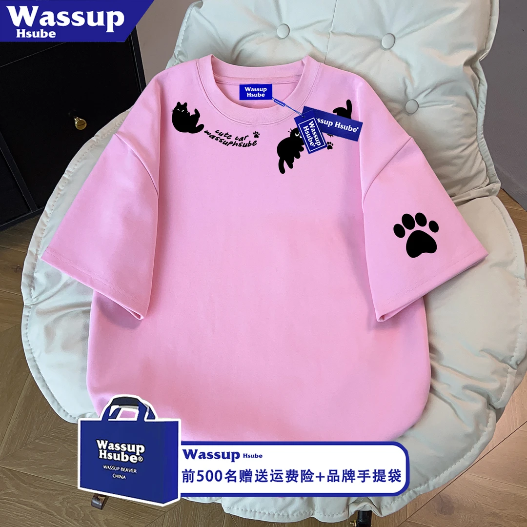 WASSUP HSUBE夏潮流简约个性小猫字母印花短袖男款宽松黄色上衣服