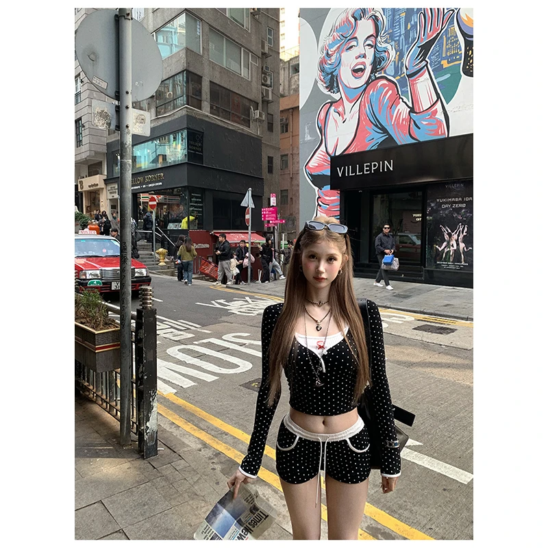 2025早春新款辣妹修身体恤蝴蝶结吊带女显瘦百搭背心针织短裤套装