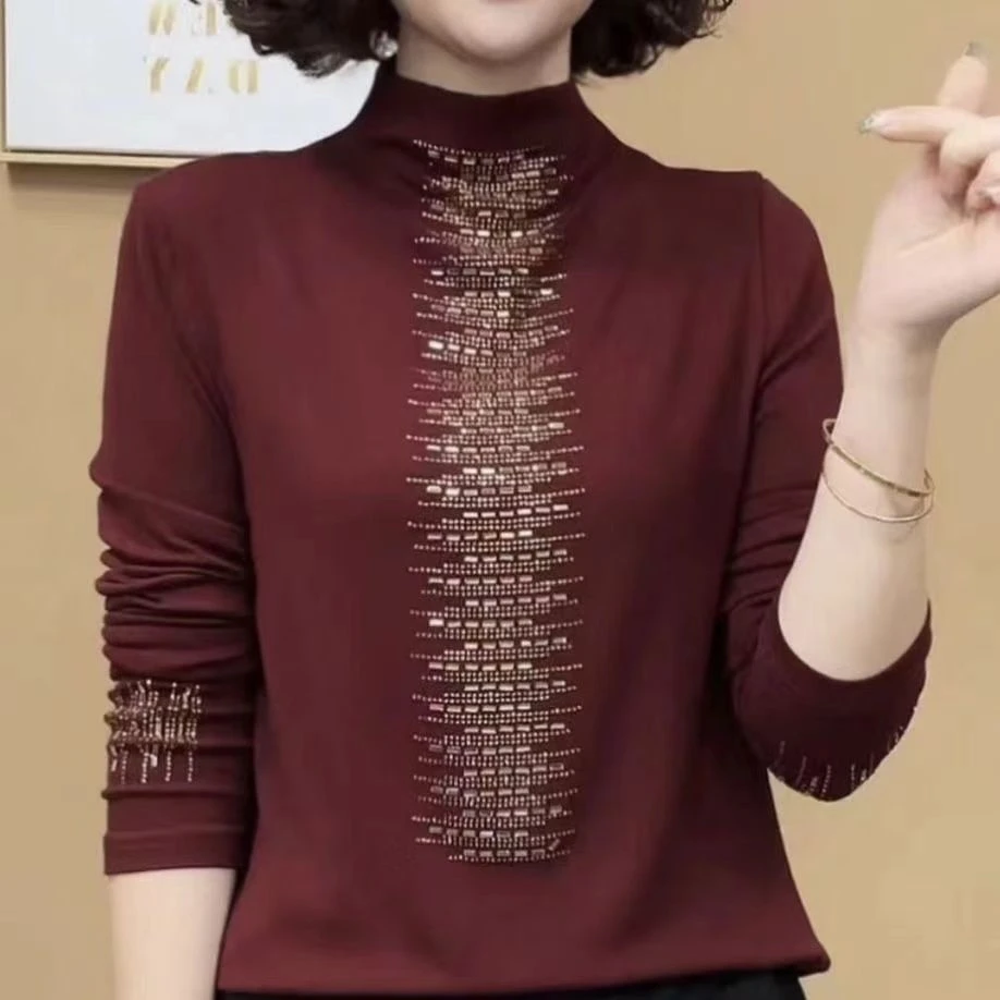 妈妈春秋装上衣洋气百搭时尚半高领修身中老年女装长袖打底衫t恤