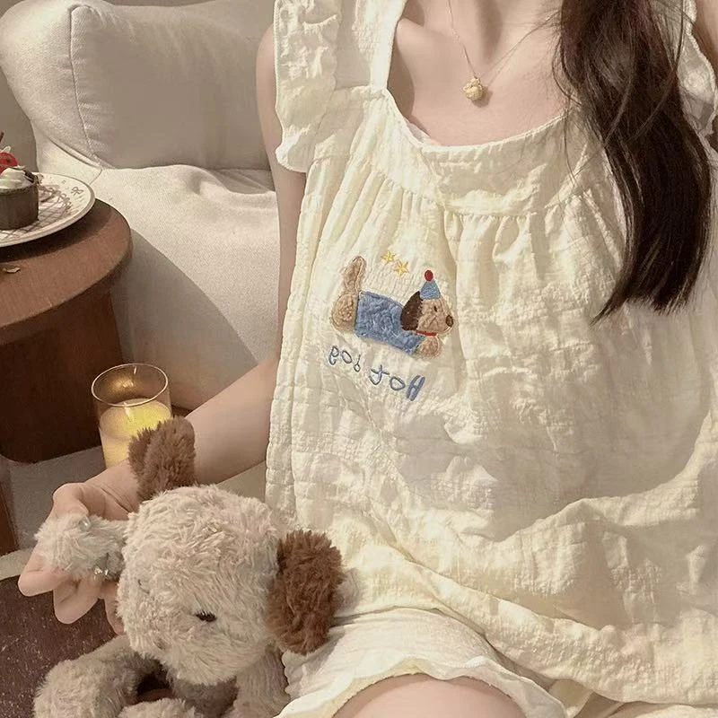 小飞袖毛巾绣狗狗甜美胸垫吊带可爱睡衣少女夏2025短裤套装居家服